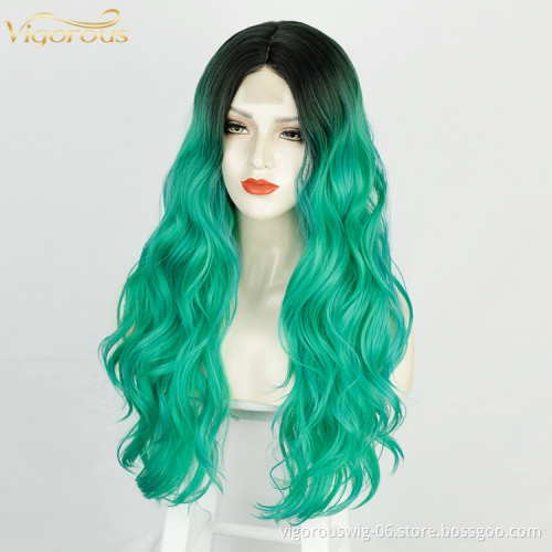 Vigorous Cheap Vendor Ombre Swiss Lace Synthetic Hair Wholesale Cosplay Long Curly Body Wave Green Black Women Lace Front Wigs